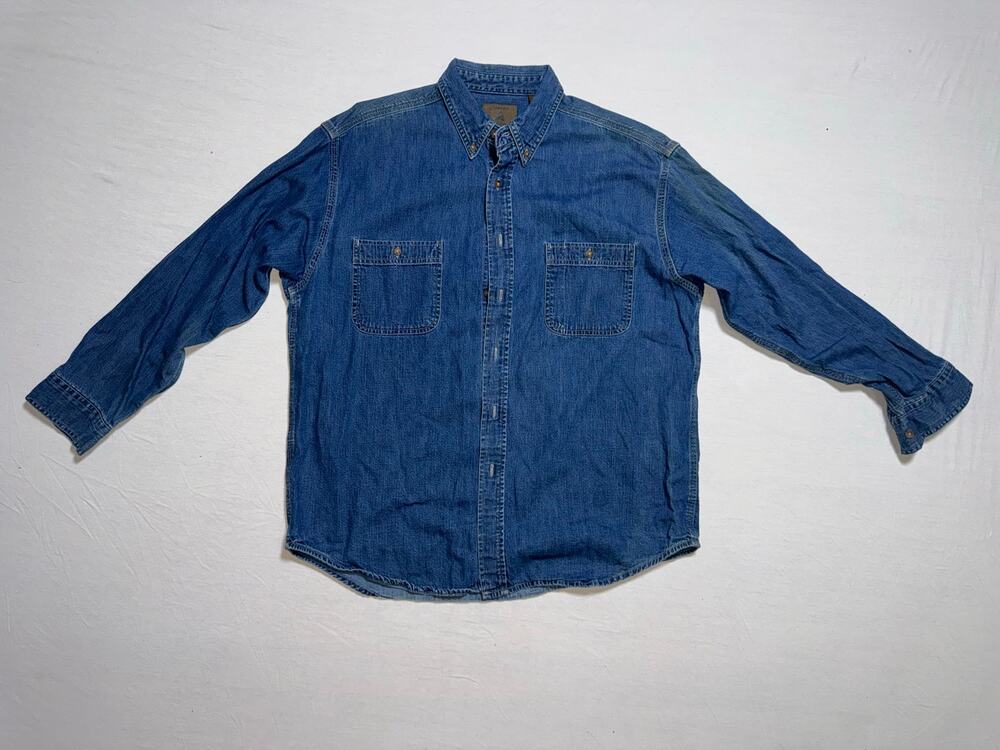 Vintage St Johns Bay Denim Shirt Mens Size L Blue Button Down Baggy 90s y2k